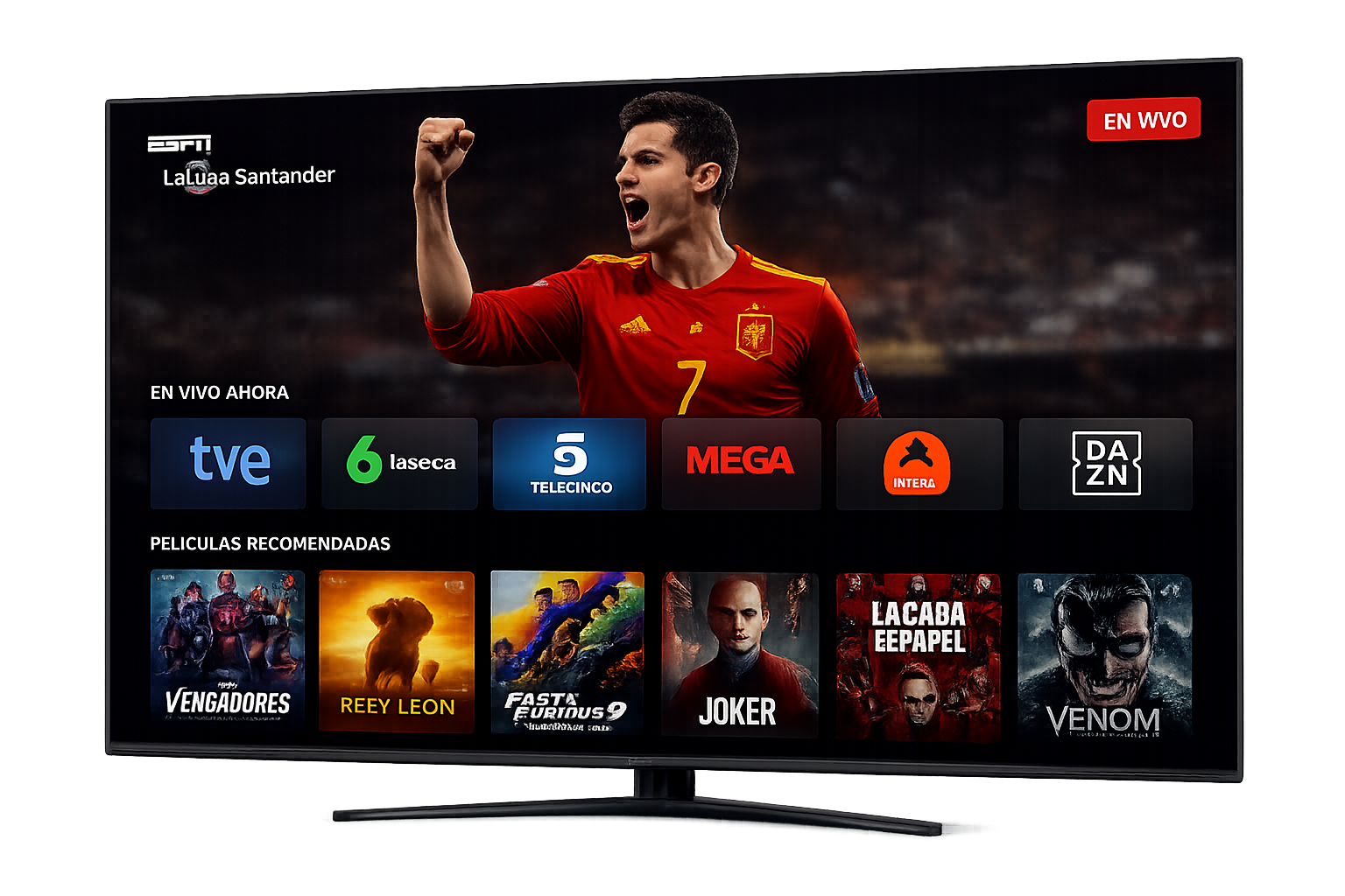 Televisor con vista previa de HispaniaTV, fútbol en vivo, canales españoles y películas recomendadas